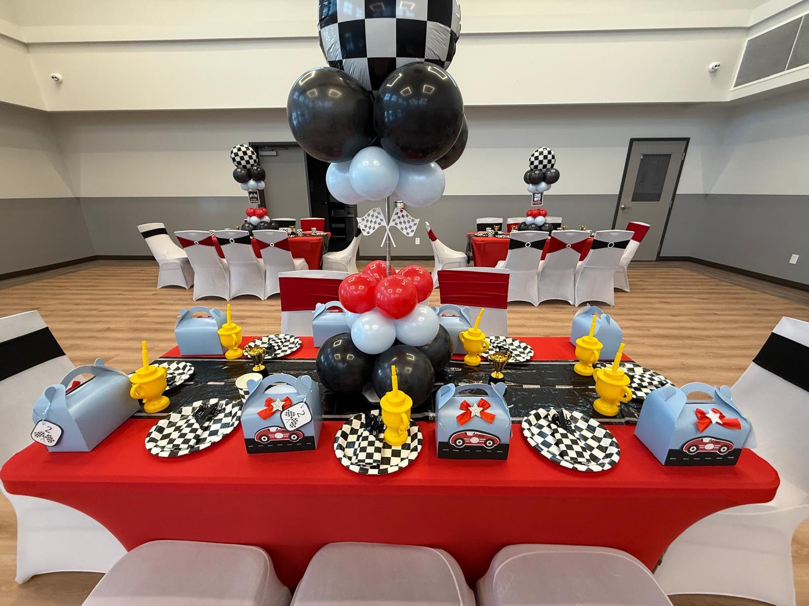 Race car birthday party setup