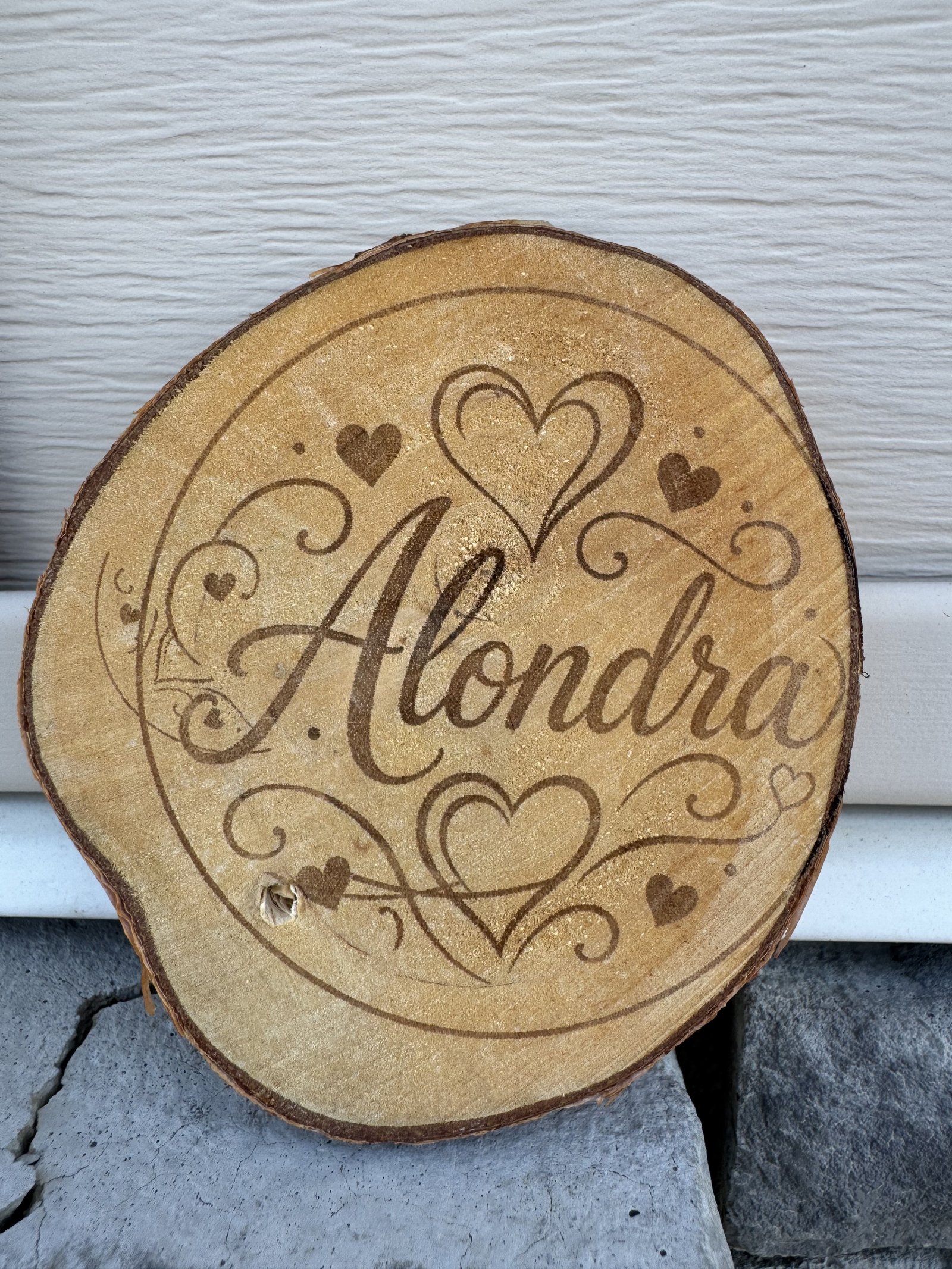 Custom name engraved on wood slice